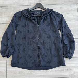 J.Crew  Black Eyelet Embroidered Button-Down Blouse W/ Ruffle Collard Size XS